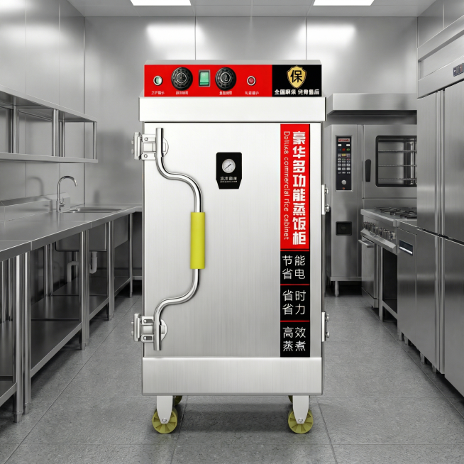 保留现有蒸饭柜产品，将背景更换为简约不锈钢商用厨房环境，保持产品清晰，不改变产品本身的结构和文字预览效果