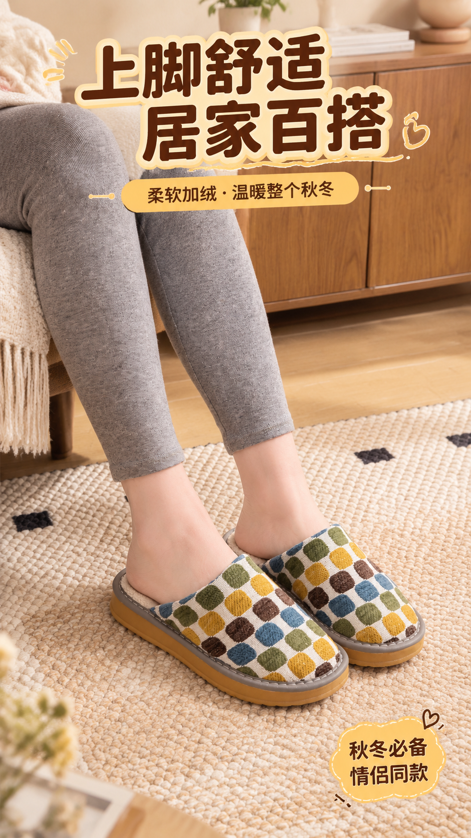 [商品] 使用【图10】绿格纹款棉拖鞋上脚图；保留拖鞋格纹鞋面… - 图片创意预览