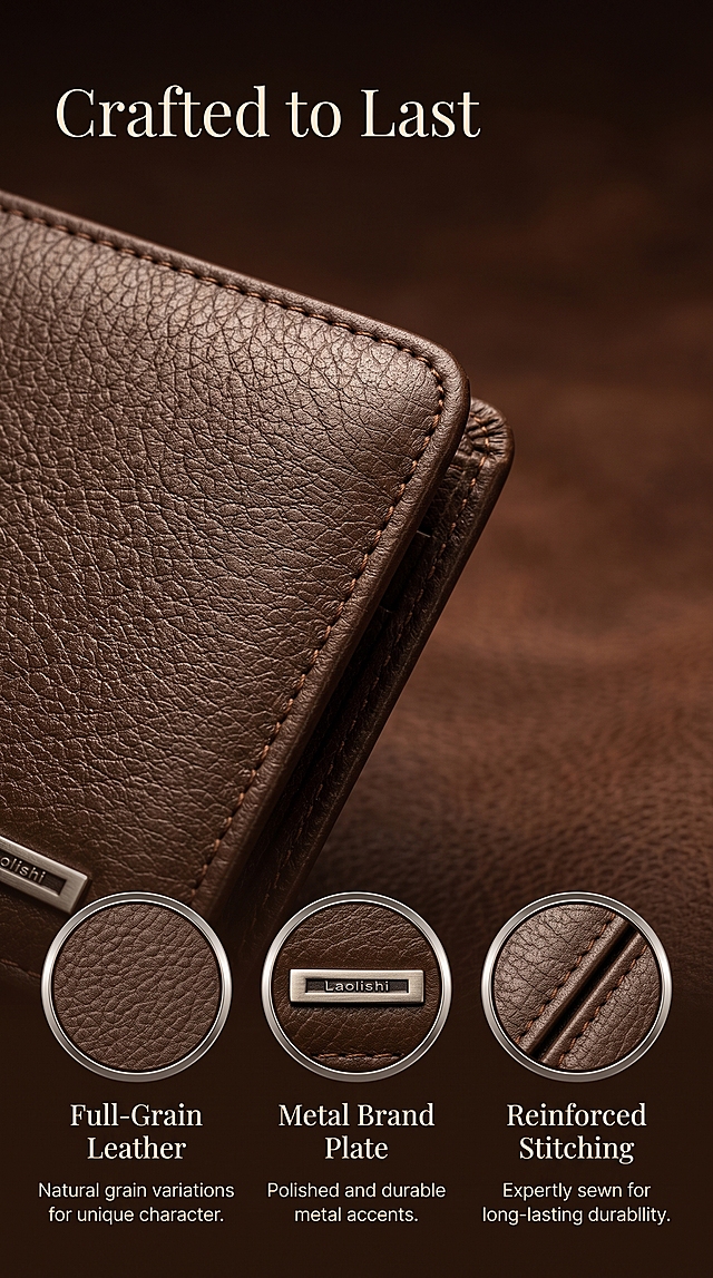 [第3张] 详情页材质工艺页-Premium Leather Bifold Wallet真皮纹理与缝线工艺细节展示。本张使用【图1】作为商品主体。
[氛围/风格] Luxury craftsmanship close-up style, tactile and premium feel, macro photography quality, warm sophisticated tone.
[元素布局] Large macro close-up of wallet corner at top, showing leather grain texture and precise stitching, occupying about 45% of frame; below are three circular detail insets: left shows leather grain texture, middle shows metal logo plate detail, right shows stitching detail; background is dark warm brown gradient with subtle leather texture; wallet material, color, stitching pattern must match input image exactly.
[光影质感] Side lighting to emphasize leather grain texture and stitching depth, soft highlights on leather surface, rich shadows, warm and luxurious tone.
[配色色系] Global background dark gradient #3D2B1F to #5C4033; main color rich brown leather; accent color warm gold for text highlights; cream/ivory for main text.
[视角构图] Macro close-up view, angled composition, visual focus on texture details, reading flow: top main close-up → bottom three detail circles.
[文字版式] Layout: top macro image + bottom three detail circles with labels. Main title "Crafted to Last" in elegant serif font at top left; each detail circle has small label below: "Full-Grain Leather", "Metal Brand Plate", "Reinforced Stitching"; short descriptive text under each label; all text in English, warm cream color, clear and readable against dark background.
[比例分辨率] 9:16 vertical ratio, 4K resolution, crisp details, high definition.
[负向提示词] wallet deformation, wrong stitching pattern, color deviation, watermark, garbled text, blurry texture, Chinese characters, anti-theft icon, waterproof icon.