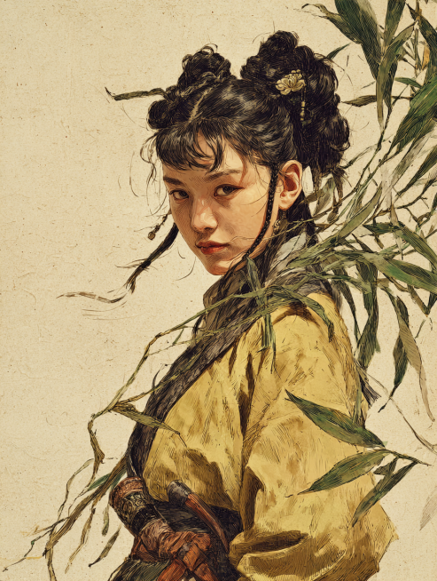 真人写实风格：“五代偏梳朵子髻变体，延续盛唐朵子髻结构（左侧梳偏，顶部堆朵子），但朵子插鲜花形饰品（绢花牡丹，花瓣带露珠）+柳枝编饰（细柳条缠绕发髻）；发丝间夹杂几缕真实柳枝（带绿叶）；身着土黄色窄袖预览效果