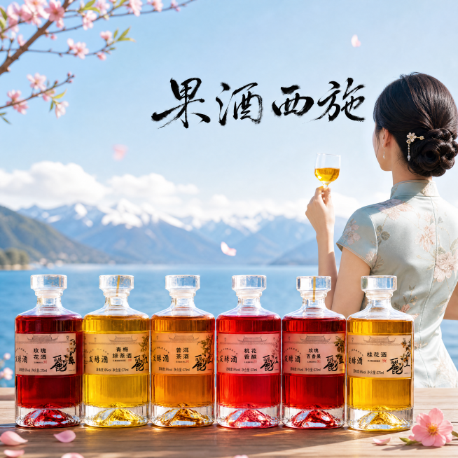 商业电商主图，1:1尺寸；在已融合突出书法logo的六瓶果酒画面基础上，右侧添加复古旗袍女生（不露脸），手端装有酒的果酒杯；用新鲜桃花枝与玫瑰花瓣做点缀装饰；背景为湖边木质桌台+虚化蓝天与远山雪峰；整预览效果