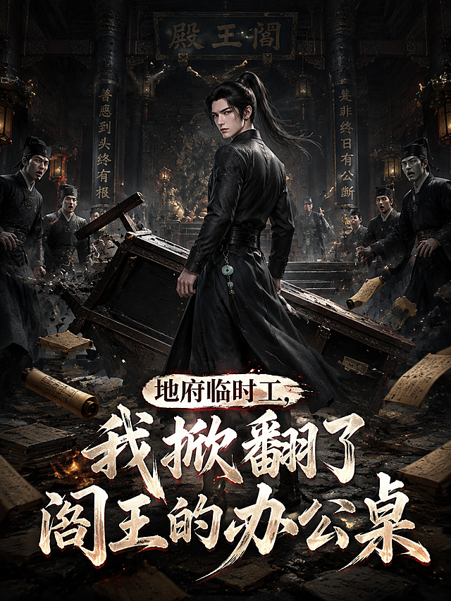 以参考图中的黑衣高马尾古风男子为主角，制作男频玄幻小说封面，标题为“地府临时工，我掀翻了阎王的办公桌”。画面：男子站在古风幽暗大殿中，神情桀骜自信，面前一张古式公案桌被掀翻在地，卷轴、竹简、毛笔散落一地，背景是庄严肃穆的暗色殿宇，两侧有差役模样的人物面露惊愕，整体氛围暗黑酷炫，爽文逆袭风格，电影级光影质感，高细节，2K画质