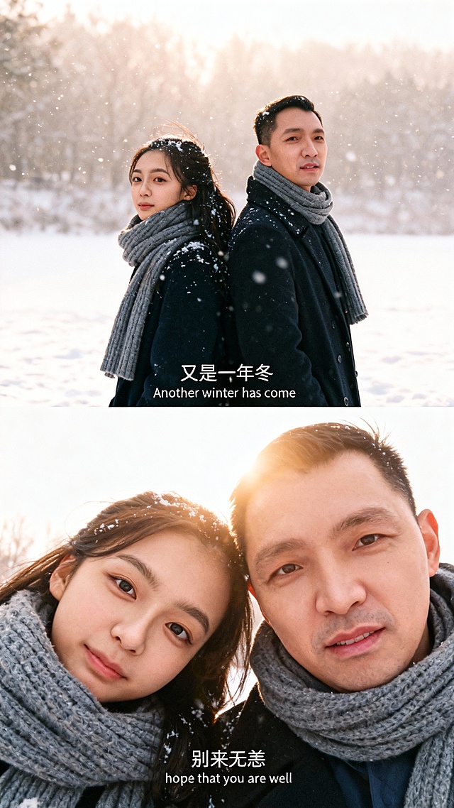 胶片风双色设计，实景雪景中光影柔和，人物背影与近景交织，营造温馨浪漫的冬日文艺感，传递别来无恙的深情问候。