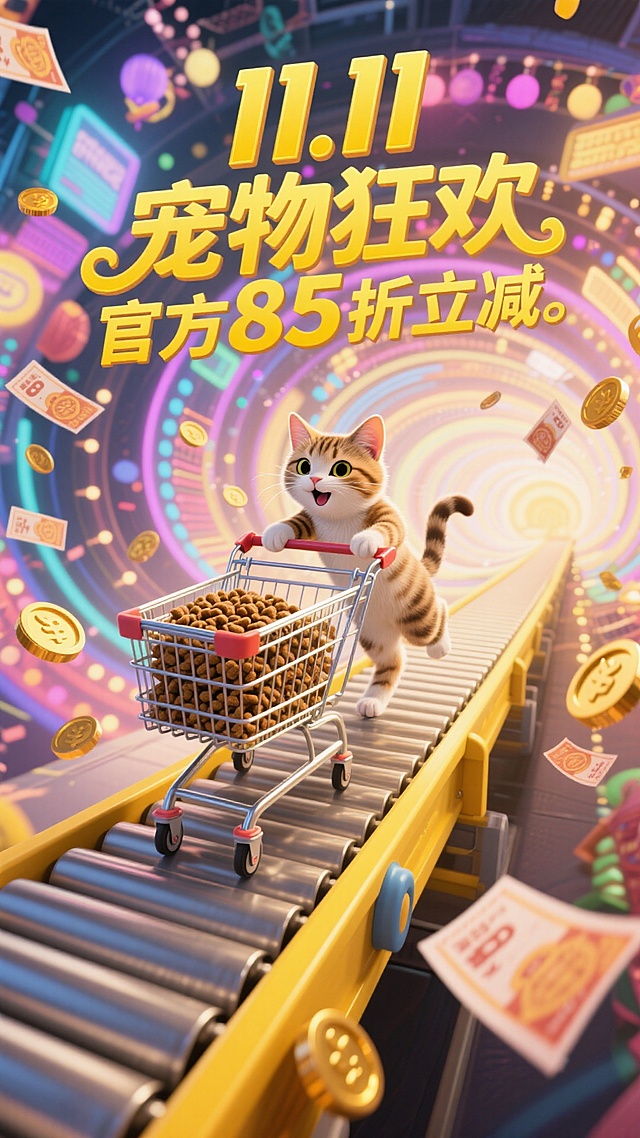 3D风拟人猫咪推车购物，霓虹灯与粒子光效营造梦幻科技感，卡通风格融合促销元素，展现双十一宠物狂欢节的未来感与可爱氛围。