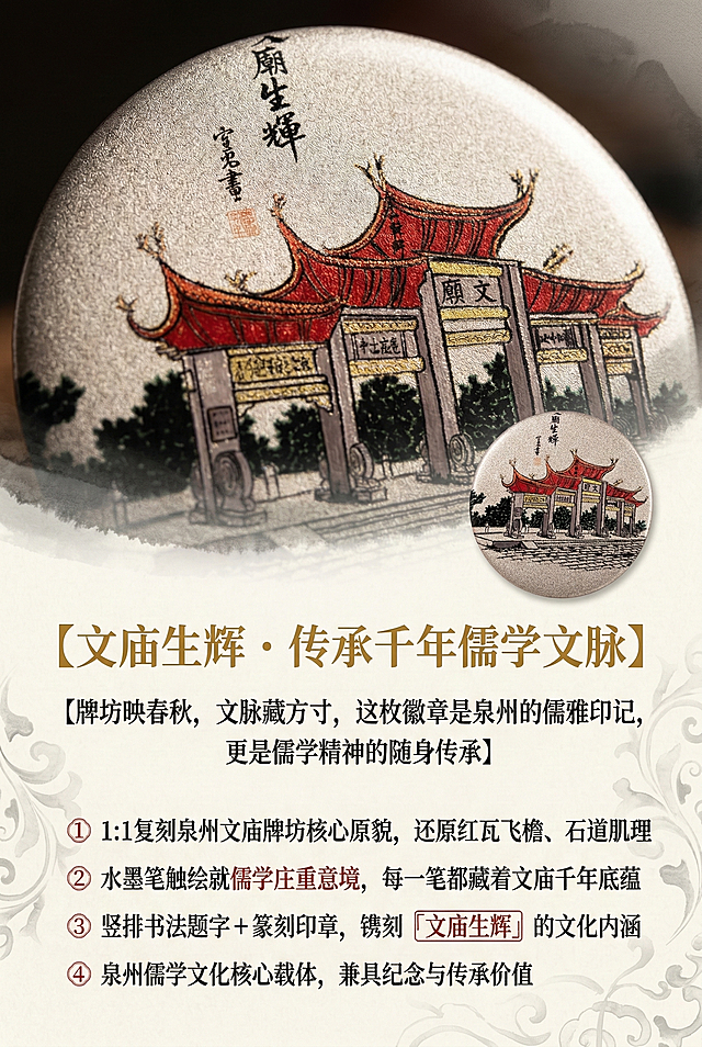 2:3 竖版电商详情页文化底蕴展示页，新中式水墨国风杂志级顶奢排版，采用「上景下文 + 文脉暗纹」布局：画面上半部分为徽章文庙牌坊「庄重视角」放大特写，侧逆光强化牌坊红瓦飞檐肌理、灰石立柱纹路、「文廟」牌匾文字、「廟生輝」竖排书法笔触，清晰呈现儒学文化的庄重感，特写边缘做淡墨晕染渐变，避免生硬切割；下半部分为极简故事化文字排版区，背景采用浅米白宣纸纹理，叠加淡墨书卷暗纹（若隐若现，不抢戏），文字采用「古风宋体 + 瘦金体」搭配，主标题为加粗瘦金体书法宋体【文庙生辉・传承千年儒学文脉】，副标题为极简细黑无衬线体【牌坊映春秋，文脉藏方寸，这枚徽章是泉州的儒雅印记，更是儒学精神的随身传承】，正文左对齐分点标注（分点前加小朱红印章符号）：「① 1:1 复刻泉州文庙牌坊核心原貌，还原红瓦飞檐、石道肌理 ② 水墨笔触绘就儒学庄重意境，每一笔都藏着文庙千年底蕴 ③ 竖排书法题字 + 篆刻印章，镌刻「文庙生辉」的文化内涵 ④ 泉州儒学文化核心载体，兼具纪念与传承价值」，核心词「千年文脉」「文庙生辉」用朱红色加粗高亮，同时做轻微描边处理，让用户一眼读懂产品的情感内核，印章符号分点，强化国风细节。严格还原上传的产品图，包括包装设计、颜色、LOGO 位置、文字内容、图案元素等所有细节，图片里的产品在真实物理空间里与其他物体的大小关系视觉要协调，比例保持 1:1，避免出现突兀感。整体风格：新中式水墨国风杂志风，电影级侧逆光，8K 超高清，细节丰富，无噪点，无模糊，故事感强烈，情绪引导自然，暗纹与印章分点设计，高级感与文化感兼具。负面提示词：画面模糊、牌坊细节丢失、文字排版混乱、画质低劣、色彩偏差、风格违和、元素杂乱、光影混乱、文化意境缺失、产品变形、廉价塑料感、故事感薄弱、文字无层次、暗纹突兀、分点杂乱