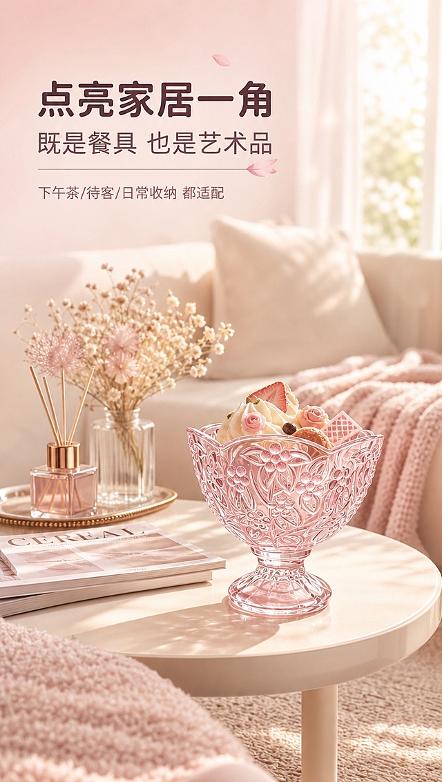 [商品] 使用【图1】浮雕粉晶高脚玻璃碗；保留整体结构、粉色材质、浮雕花纹；碗内盛放精致甜点，产品形态颜色不变。
[画面] 目标：场景氛围页，营造温馨家居氛围感。构图：产品偏右下，左上留白放文案，大场景满铺。主体占比约35%。景别：全景场景。场景：温馨奶油风客厅茶几，旁边有香薰、杂志、干花、毛毯，午后柔和阳光从窗边洒入，整体暖调慵懒氛围。阅读动线：从左上到右下。前中后景：前景地毯纹理，中景茶几与玻璃碗，后景沙发与落地窗虚化。
[视觉] 套系策略：风格=清新甜美轻奢家居商业摄影风；标题字=圆润粗黑体；正文字=简洁无衬线体；主色=樱花粉；背景延展=基于樱花粉做深浅渐变、同色系柔焦光斑和细腻磨砂质感；强调色=玫瑰金，仅用于小面积图标、引线和装饰线条；标题色=深棕粉；正文色=暖灰粉；组件=圆角半透明信息卡、细玫瑰金引线、花瓣形装饰；光影=午后暖调自然光，侧逆光勾勒玻璃轮廓，通透反光自然。
[文字] 左上主标题：点亮家居一角，副标题：既是餐具 也是艺术品（横排）；下方小字：下午茶/待客/日常收纳 都适配。文字区位于左上，不遮挡产品主体。
[规格] 图片比例9:16竖版，4K分辨率，负向提示：避免变形、错字、文字过小、冷蓝背景、产品颜色改变、场景杂乱、产品比例失调、玻璃发雾。