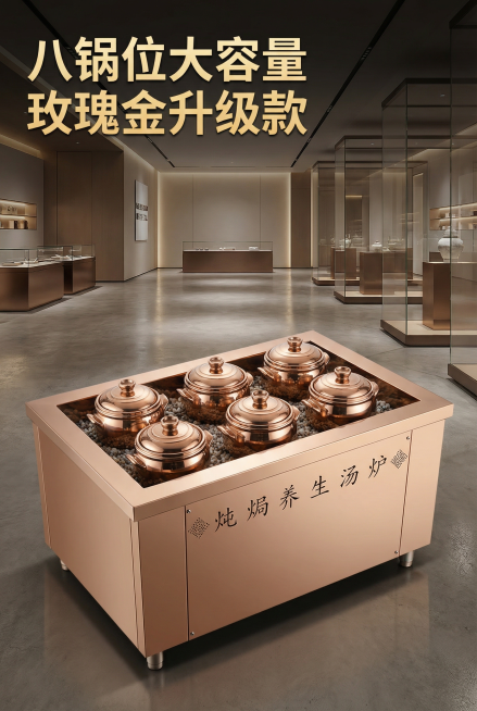 将原黑色8锅位商用养生炖汤炉整体外壳改为玫瑰金色，保留原有产品结构、陶锅和玛瑙石设计，“炖焗养生汤炉”文字标识保留，整体改为高端玫瑰金色不锈钢材质，背景为现代干净展厅场景，风格高级奢华，主标题“八锅位预览效果