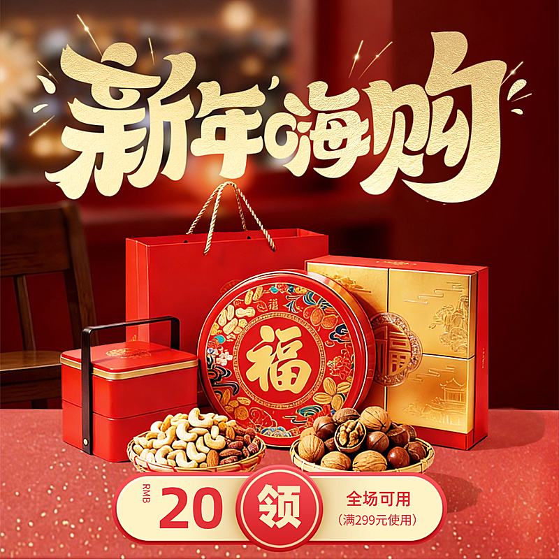 年货喜庆感实景礼盒春节产品促销电商主图