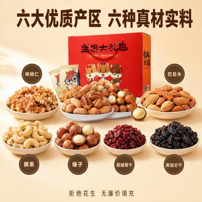 [主图-2] 核心原料展示主图
[氛围风格] 清晰通透品质感，突出原料优势
[画质] 商业摄影质感、光线柔和通透、产品清晰真实、画面干净高级
[元素] 保持坚果大礼盒主体，周围分开摆放六种核心原料：核预览效果