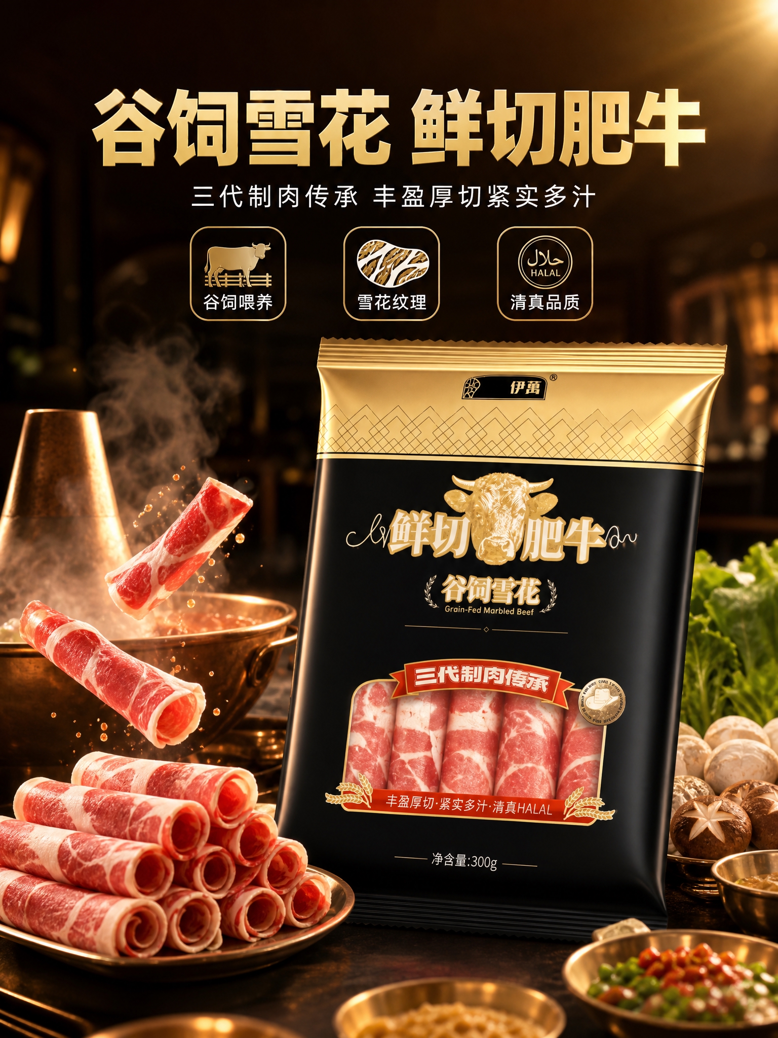 [商品] 使用【图1】【图3】伊萬鲜切肥牛黑色包装袋；保留金色… - 图片创意预览