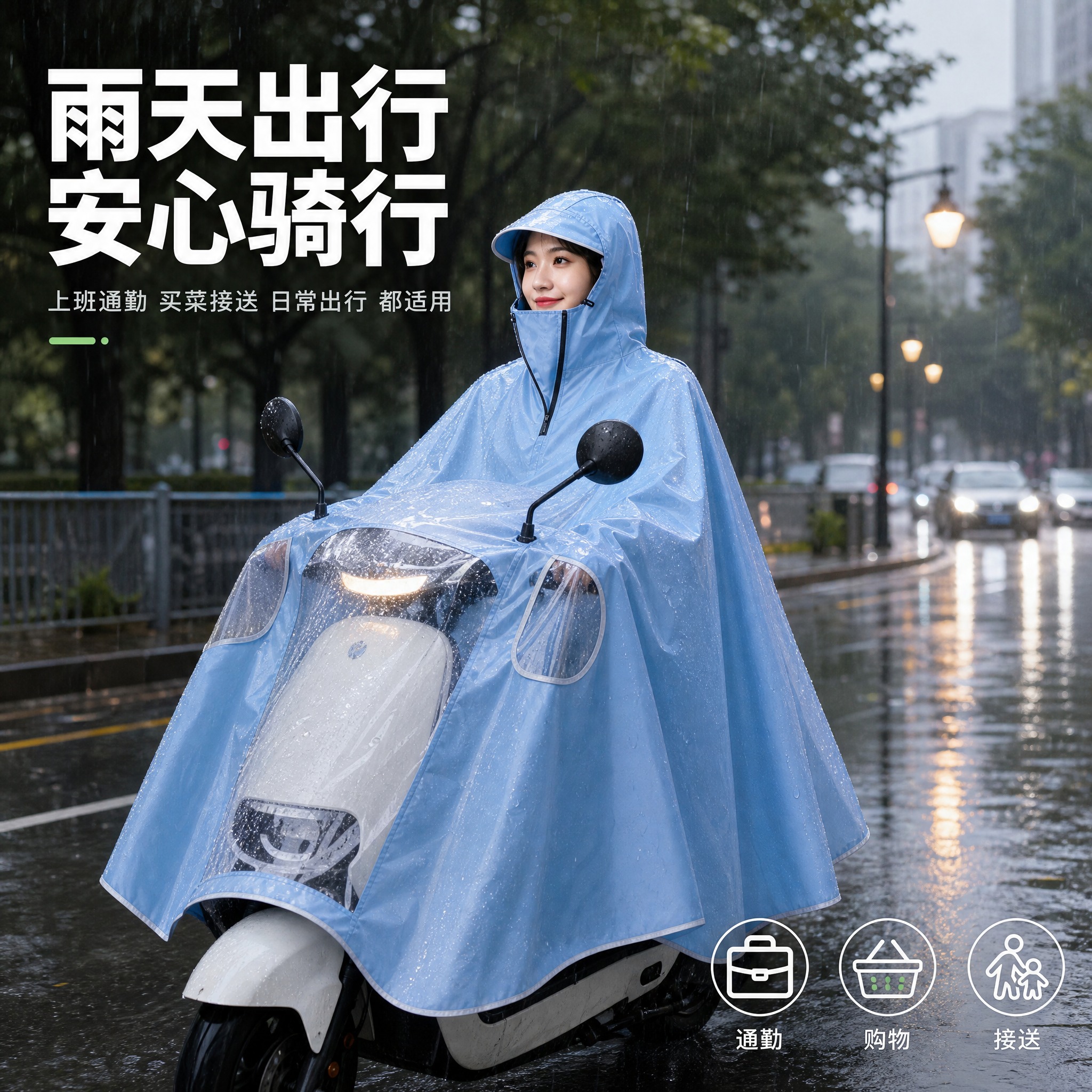 [主图-8] 电动车雨衣加大加厚全身防暴雨骑行雨披 使用场景图… - 图片创意预览