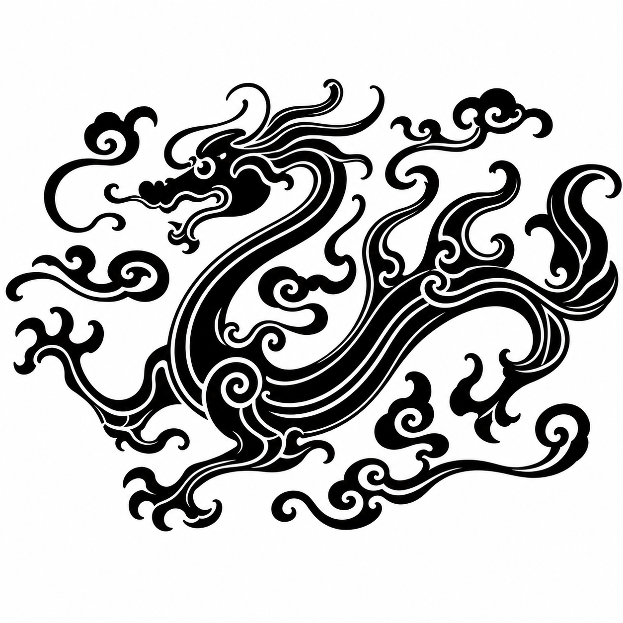 将图中的龙纹和云纹全部改为纯黑色实色填充，去除所有斑驳颗粒、拓… - 图片创意预览