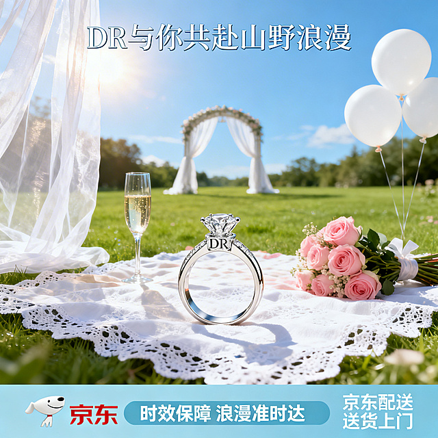 户外草坪订婚场景DR订婚戒指电商主图，1:1比例。顶部用清新手写字体写"DR 与你共赴山野浪漫"。中部DR戒指放置在白色蕾丝野餐布上，周围搭配白色纱幔、香槟杯、粉色玫瑰捧花和白色气球，背景是虚化的绿色草坪、蓝天和远处的白纱拱门，阳光柔和洒落，充满清新治愈的户外订婚氛围。底部通栏为浅天蓝色，左侧放京东logo，中间白色字写"时效保障 浪漫准时达"，右侧标注"京东配送 送货上门"，文字不遮挡核心场景，整体风格清新浪漫。