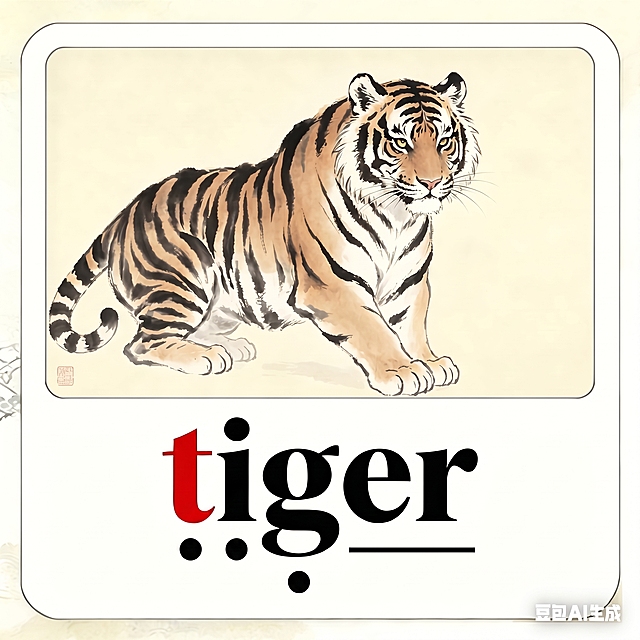 调整标注：保证圆点分别和字母t、i、g精准对齐，在e和r的下方画一条完整不断开的横线，保留字母t为红色其余为黑色，上方国画老虎图案和整体布局不变