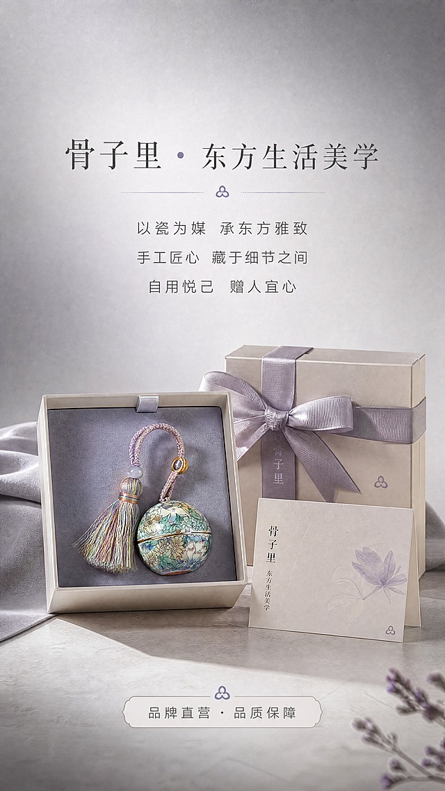[商品] 使用【图1】骨子里繁花陶瓷香囊球挂饰；保留全部结构、颜色和材质；产品以礼盒陈列方式呈现，旁边搭配素雅包装与贺卡，营造礼赠仪式感。
[画面] 页面目标：品牌理念与礼赠价值传递，建立品牌信任与情感共鸣。构图：下方产品与礼盒组合陈列占画面45%，上方大面积留白放品牌故事文字，下实上虚。景别：中景。阅读动线：顶部品牌标题→中部品牌理念文字→底部产品礼盒陈列。前中后景：前景礼盒与产品清晰、中景包装丝带细节、后景渐变灰背景带细腻纹理。
[视觉] 套系策略：风格=东方雅致简约高级商业摄影；标题字=纤细宋体衬线体；正文字=现代无衬线细体；主色=渐变灰（浅灰至中灰过渡）；背景延展=基于渐变灰做深浅层级、细腻雾面质感与柔和侧光；强调色=雾霾蓝紫，仅用于小面积图标、引线和标签点缀；标题色=深炭灰；正文色=中暖灰；组件=细线引线、极细分割线、圆角浅灰信息卡；光影=右前侧柔光灯影，陶瓷表面呈现自然高光反射。
[文字] 上方主标题「骨子里 · 东方生活美学」，下方3段品牌理念短句：「以瓷为媒 承东方雅致」「手工匠心 藏于细节之间」「自用悦己 赠人宜心」。底部标注「品牌直营 · 品质保障」。文字全部横排，字号保证手机端清晰可读。
[规格] 图片比例9:16竖版，4K分辨率，负向提示：避免变形、错字、文字过小、冷蓝背景、陶瓷颜色改变、花纹错乱、结构失真、绝对化用语。