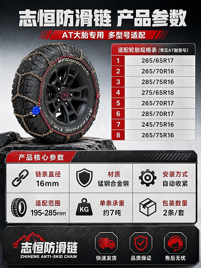 [详情页-8] 规格参数 适配型号+产品参数收口（最后一张）
[商品] 使用装车参考图+产品图；保留16mm金色粗链条、红色收紧带、蓝色自动锁、百路驰KO2 AT胎；品牌志恒防滑链。
[画面] 规格参数页，上方大标题志恒防滑链 产品参数，副标题AT大胎专用 多型号适配。画面上半部分左侧AT胎带防滑链侧立展示图，产品占画面35%。右侧适配轮胎规格表，列出常见AT胎型号：265/65R17、265/70R16、285/75R16、275/65R18、265/70R17、285/70R17、245/75R16、265/75R16。下半部分为产品核心参数表，两行三列：链条直径16mm、材质锰钢合金钢、安装方式自动收紧、适配范围195-285mm、单条承重约7吨、包装数量2条/套。底部志恒防滑链品牌标识+服务保障三图标（快速发货/品质保证/售后无忧）。
[视觉] 套系策略：风格=硬核越野工业风 高信息密度；标题字=厚重粗黑体 力量感；正文字=简洁黑体；主色=深灰黑+金属金；背景延展=浅灰到深灰渐变背景 偏稳重；强调色=越野红 仅用于表头/重点参数/品牌强调；标题色=白色/深灰；正文色=深灰色；组件=规格表格、参数卡片、底部品牌+服务条；光影=均匀明亮 产品清晰 表格易读。
[文字] 顶部主标题志恒防滑链 产品参数，副标题AT大胎专用 多型号适配。规格表和参数表文字清晰，底部品牌名+三服务保障，全部横排，手机端清晰可读，参数用约/适配等保守表达。
[规格] 比例3:4竖版，4K，负向：变形、错字、模糊、人物、赠品、水印、绝对化用语、虚假参数。