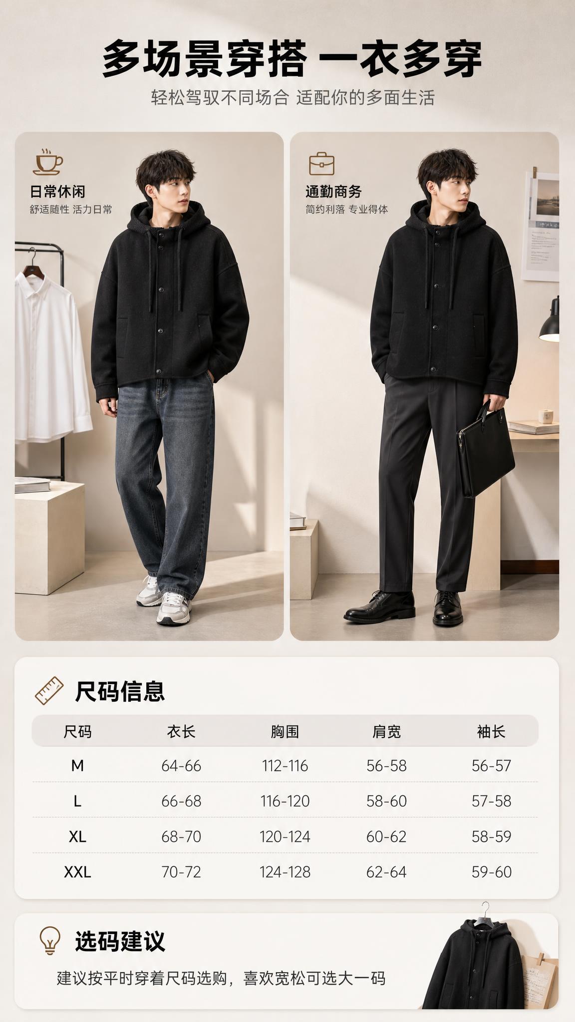 [商品] 使用【图1】男士黑色连帽短款毛呢大衣；商品处理：保留… - 图片创意预览