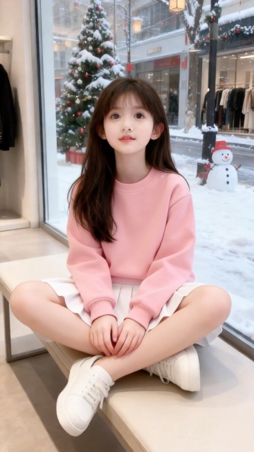 把图1的衣服和短裙给图的2的人物穿上，保留原场景光影，保持图2的人物的五官和发型不变，图片宽高尺寸不变，背景不变，鞋子变为白色运动球鞋，模特的姿势不变，保持图1的衣服和短裙的款式和颜色不变预览效果