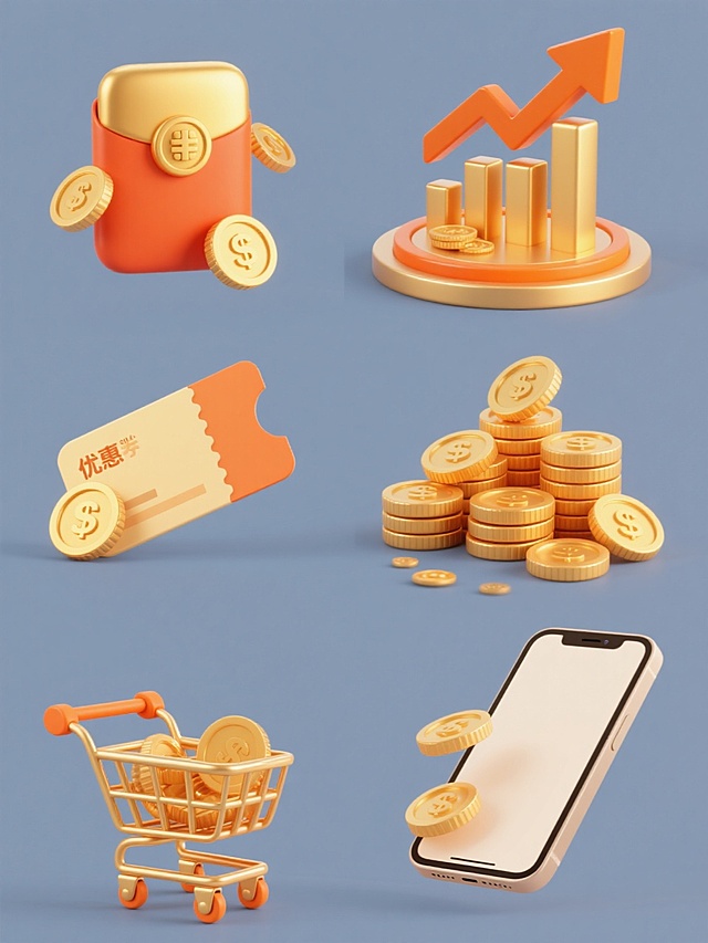 一套6张简约现代风格的系列素材集合，每张均为规整排布的单一元素图案，纯色背景。第一张：红包与金币组合，红包为传统样式，金色钱币环绕；第二张：柱状数据图与金币组合，橙色上升箭头，金色立体柱状图，底部圆形托盘，散落金币带高光；第三张：优惠券与金币组合，优惠券为矩形带撕边设计，金色钱币点缀；第四张：一堆金币，多枚金币堆叠，呈现金属光泽与立体感；第五张：购物车与金币组合，简约购物车造型，金币环绕四周；第六张：手机与金币组合，智能手机侧面造型，屏幕可显示简单界面，金币从屏幕溢出。所有元素均采用金色为主色调，搭配橙色点缀，3D立体效果，平滑渐变质感，高光处有闪亮特效，整体视觉统一，信息传达清晰。