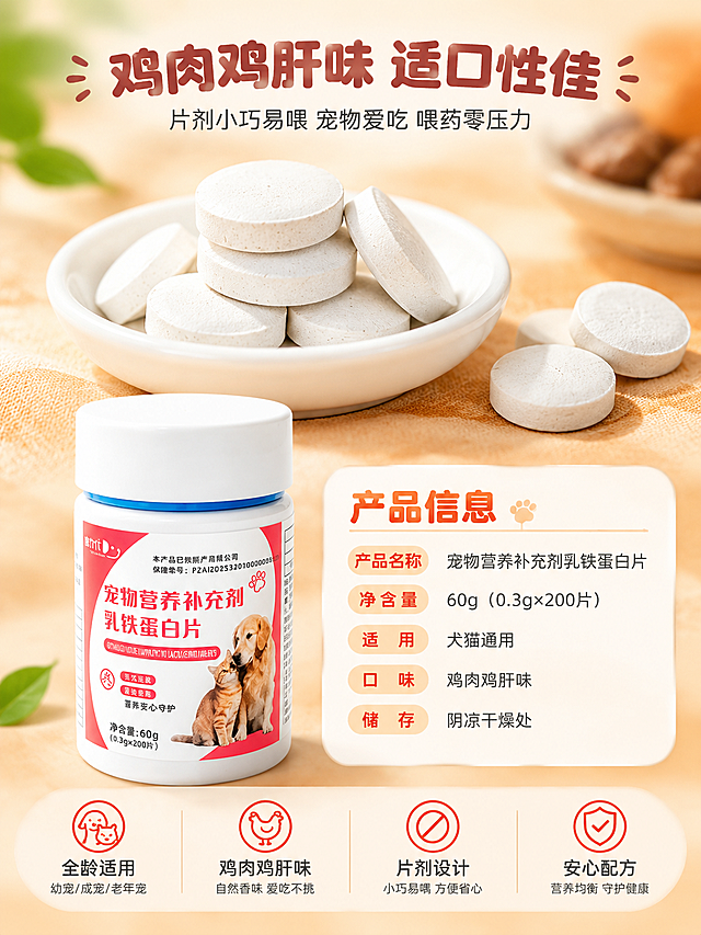 [商品] 使用【图4】尊养仕乳铁蛋白片产品瓶；保留白色瓶盖、红白标签、金毛犬与橘猫图案、瓶身文字和Logo；瓶身精修提亮，色彩真实。同时展示白色圆形片剂细节。
[画面] 产品细节与规格页 片剂特写+参数收口。上半部分片剂微距特写：白色小碟中堆叠5-6片圆形白色片剂，片剂表面细腻纹理，真实厚度质感，旁边散落2片，微距满版占画面约50%。下半部分左侧产品瓶身约占30%，右侧规格参数区白色圆角卡片。底部4个小图标标签横向排列：全龄适用、鸡肉鸡肝味、片剂设计、安心配方。整体上特写下信息的布局，层次分明。
[视觉] 套系策略：风格=国内电商温馨治愈商业摄影风；标题字=圆润粗圆体；正文字=细圆体；主色=暖橙奶油色；背景延展=暖橙到米白渐变、柔光质感、细腻颗粒；强调色=橙红色，仅用于小面积图标、引线和标签；标题色=深棕红；正文色=深灰；组件=白色圆角卡片、线性圆润图标；光影=左上自然光柔光、柔和投影。
[文字] 顶部大标题 鸡肉鸡肝味 适口性佳 粗圆体 深棕红 字号最大。副标题 片剂小巧易喂 宠物爱吃 喂药零压力 细圆体 深灰。右侧规格卡片标题 产品信息 粗体橙红色，内容：产品名称 宠物营养补充剂乳铁蛋白片、净含量 60g（0.3g×200片）、适用 犬猫通用、口味 鸡肉鸡肝味、储存 阴凉干燥处。底部4个小标签横向均匀排列，每个标签图标+两行文字。全部横排，手机端清晰可读。
[规格] 比例3:4竖版，宽度1536px 高度2048px，4K，负向：变形、错字、文字过小、模糊、杂乱、水印、平台logo、虚假参数、极限词。