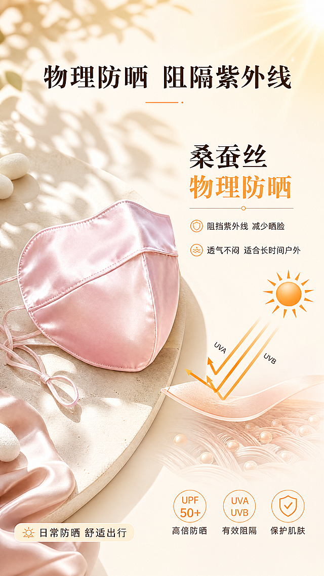 [第4屏] 防晒卖点宣传屏-真丝口罩UPF防晒卖点宣传。
[氛围/风格] 户外阳光下场景，阳光通透质感，专业功能卖点宣传风，清新明亮。
[元素布局] 画面左侧展示真丝口罩平铺展示，保留桑蚕丝光泽和颜色质感，右侧为防晒原理示意图和卖点文字信息。整体布局左产品右图文，产品占画面约45%，图文分区清晰。保持产品结构和材质与原图一致。
[光影质感] 模拟自然阳光从右上方照射，口罩丝绸表面呈现自然高光，整体明亮通透，防晒效果可视化。
[配色色系] 全局底色：#fff9f0（阳光暖调）；主体配色：口罩粉色丝绸纹理，浅橙阳光渐变；文字色：深棕#333333+橙色#f2994a高亮。
[视角构图] 左产品斜侧平铺，右信息竖排，黄金分割构图，竖版9:16比例。
[文字版式] 顶部主标题「物理防晒 阻隔紫外线」，深棕色粗体居中；中部右侧信息区，主卖点「桑蚕丝物理防晒」，下方分两点「阻挡紫外线 减少晒脸」「透气不闷 适合长时间户外」；左下角标注「日常防晒 舒适出行」，文字排版清晰，不遮挡口罩主体。
[比例分辨率] 9:16竖版比例，4K分辨率，文字清晰可辨，超高清画质。
[负向提示词] 口罩变形，材质失真，颜色偏差，文字错乱，示意图杂乱，水印，背景杂乱，画质模糊。