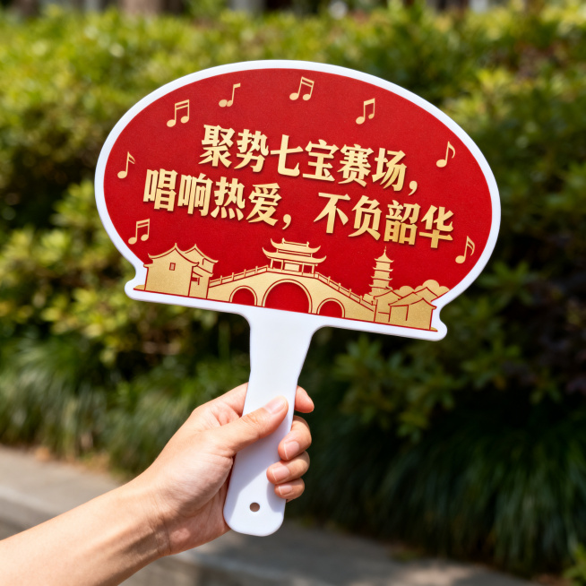 设计歌唱比赛手举手持牌，国风简约风格，主体文字"聚势七宝赛场，唱响热爱，不负韶华"，搭配简约歌唱音符上海七宝古镇元素，色彩大气庄重醒目，适合手持拍照预览效果