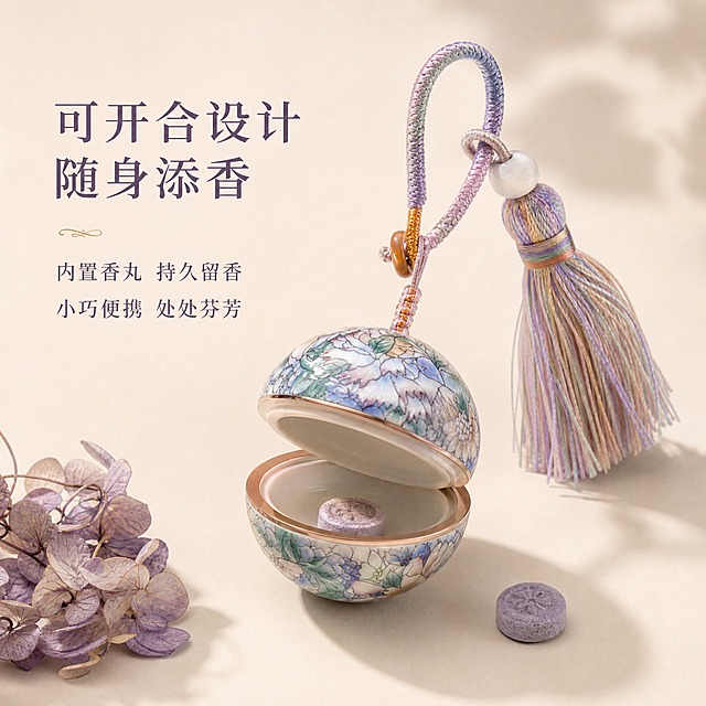 [主图-3] 骨子里 国风繁花香囊球挂饰 可开合结构与香薰功能展示。
[统一基调] 雅致国风 浅香槟米白背景 精致柔光 书法感标题字 淡紫金点缀色 文艺衬线字体 极简留白构图。
[画面] 产品呈半打开状态 上下半球分开约30度 展示内部中空结构 可放置香丸/香片 旁边摆放一颗小巧香丸作示意 完整保留外部繁花图案和流苏挂绳 主体占比约60% 背景为浅香槟色 搭配一片干枯绣球花作氛围点缀 体现国风雅致感。
[光影质感] 柔和自然光感 内部结构清晰可见 外部瓷面保持温润光泽 香丸有细腻质感 整体光影统一 阴影自然。
[配色] 背景浅香槟米白 点缀淡紫干花 文字深紫灰与淡金。
[文字版式] 左侧主标题"可开合设计 随身添香" 中号雅致宋体 下方小字"内置香丸 持久留香" 再下方"小巧便携 处处芬芳" 文字居左 不遮挡产品开合结构。
[输出要求] 1:1比例 2048x2048 文字清晰无错字 开合结构真实自然 无悬浮无穿模 无水印无平台logo。