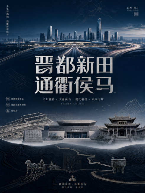 调整这张"晋都新田 通衢侯马"主题海报，降低暖色调，调整为偏冷的沉稳蓝调，保持现代风格和原构图，主题文字"晋都新田 通衢侯马"保留，融合侯马晋都遗址、晋国博物馆、台骀庙等文化元素预览效果