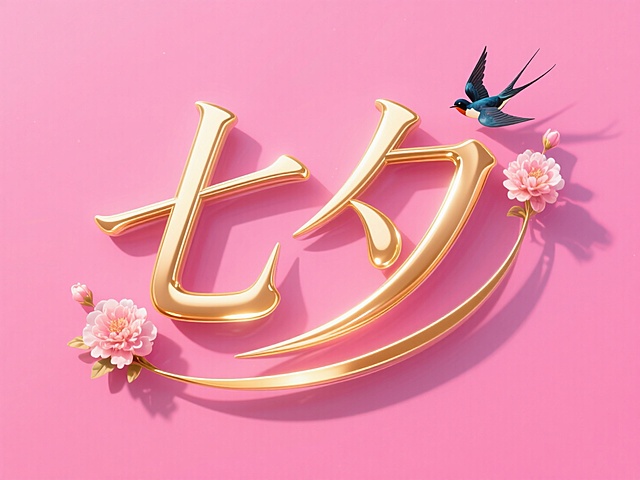 横向金色文字"七夕"。创意字体设计点缀两只喜鹊、花朵元素，线条流畅，高级感，粉色背景，高纯度配色。