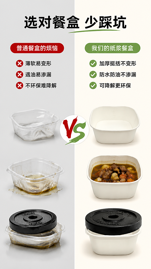 [第3屏] 详情页痛点对比-普通餐盒vs加厚纸浆餐盒效果对比。本屏使用【图1】中的方形白色纸浆餐盒作为右侧优质产品主体，保持外观一致。
[氛围/风格] 对比说明风，左右分栏，清晰直观，商业摄影质感。
[元素布局] 左右分栏对比布局，各占50%；左侧为「普通餐盒」痛点区：展示薄软变形的普通塑料餐盒，有油渍渗漏、被压变形的状态，色调偏灰暗；右侧为「加厚纸浆餐盒」解决区：展示方形白色纸浆餐盒，盛放带油汤的食物依然挺括完好，色调明亮干净；中间有VS分隔标识；去掉桌布和墙面，画面整洁。
[光影质感] 左侧偏冷暗调突出问题，右侧明亮暖调突出优势；整体光线均匀，产品质感清晰。
[配色色系] 全局底色左右分区：左 #E8E8E8 灰调，右 #FFF9F0 暖米白；主色白色餐盒；辅助色红色痛点字、绿色优势字。
[视角构图] 正面平视，左右对称对比构图，阅读动线左痛点 → 中间VS → 右解决。
[文字版式] 顶部总标题「选对餐盒 少踩坑」；左侧痛点标题「普通餐盒的烦恼」，下方三条痛点：「薄软易变形」「遇油易渗漏」「不环保难降解」，配红色叉号图标；右侧优势标题「我们的纸浆餐盒」，下方三条优势：「加厚挺括不变形」「防水防油不渗漏」「可降解更环保」，配绿色对勾图标；文字清晰醒目。
[比例分辨率] 9:16 竖版比例，4K 分辨率，文字清晰可辨，高清画质。
[负向提示词] 餐盒变形，结构错误，颜色偏差，水印，文字错乱，产品模糊，背景杂乱，桌布，墙面，尺寸信息，定制。