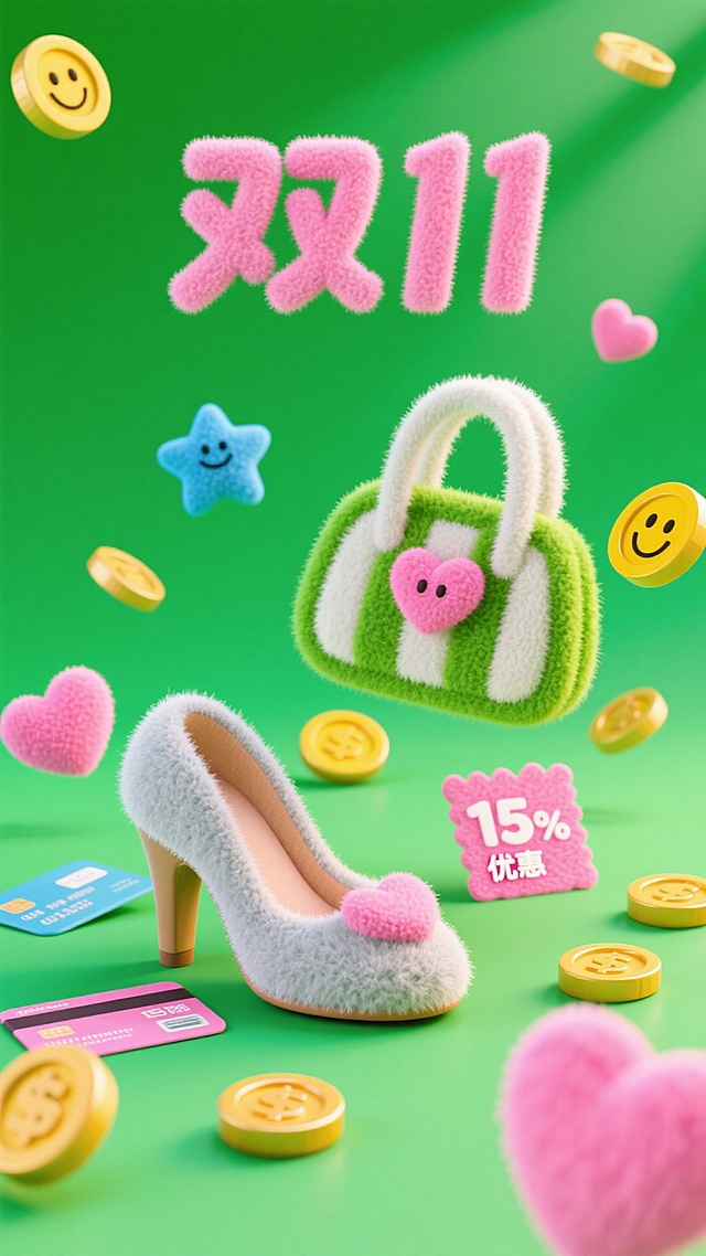 毛绒质感鞋包、爱心等元素，搭配金币，营造双 11 可爱购物氛围。