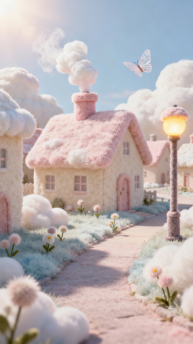 全场景毛绒材质，云朵般柔软的草地覆盖整座小镇，屋顶是浅粉色毛绒毡，烟囱冒着棉花糖质感的白烟，路灯是毛绒包裹的暖黄色光球，路边的小花是带绒毛的绒球花，蝴蝶翅膀是半透明毛绒材质，阳光温柔洒落，整体色调马卡龙色系（浅粉、米白、淡蓝），超高清 8K，柔光效果，细节纹理清晰，治愈系氛围拉满