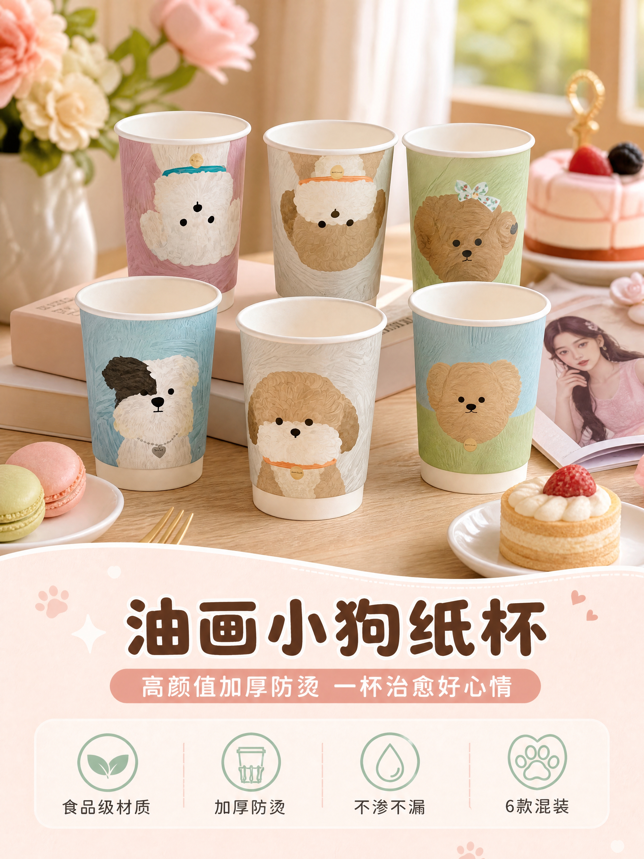 [商品] 使用【图1】油画小狗系列一次性纸杯（6款图案混装）；… - 图片创意预览