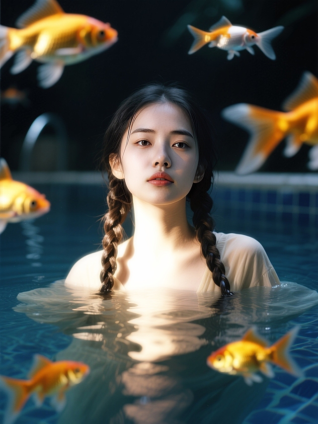 暗光泳池少女，暗调氛围光，环绕动态模糊的金鱼，金鱼发光，梦核暗调。脸部一束光，奶油肌，特写