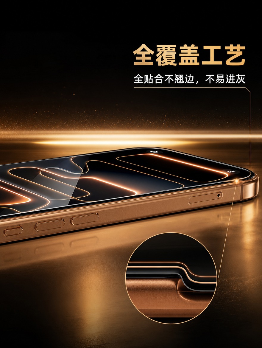 [商品] 使用【图1】中的手机钢化膜产品；保留手机金色边框、屏… - 图片创意预览