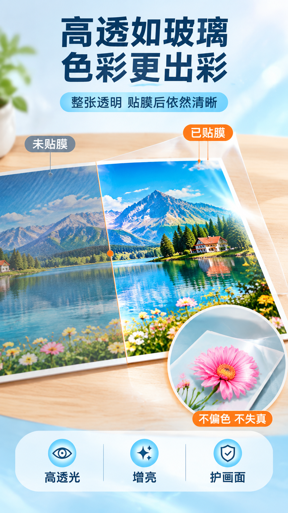 [第5张] 透光效果：膜覆盖卡片/照片的高透对比，接近玻璃透明… - 图片创意预览