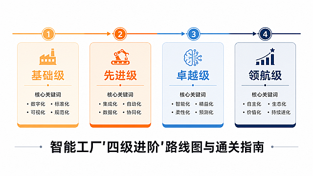 模块化卡片式设计，纯白背景，四个圆角矩形卡片横向等距排列，卡片上方有一条连接线贯穿，卡片从左到右依次为：基础级浅橙色#FFB74D，标注文字"基础级"及核心关键词；先进级中橙色#F57C00，标注文字"先进级"及核心关键词；卓越级蓝色#4A90D9，标注文字"卓越级"及核心关键词；领航级深蓝色#1A365D，标注文字"领航级"及核心关键词，连接线表示逐级进阶、不可跳跃，卡片下方放置主标题"智能工厂'四级进阶'路线图与通关指南"，整体设计干净清晰，符合严肃内容调性，横版16:9比例