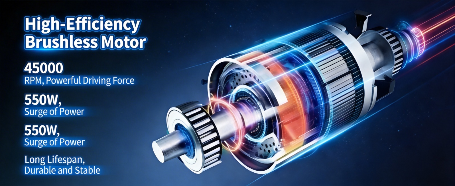 将图片中的中文翻译成英文，“高效率无刷电机”译为“High-Efficiency Brushless Motor”，“45000转 强劲驱动力”译为“45000 RPM, Powerful Drivi预览效果
