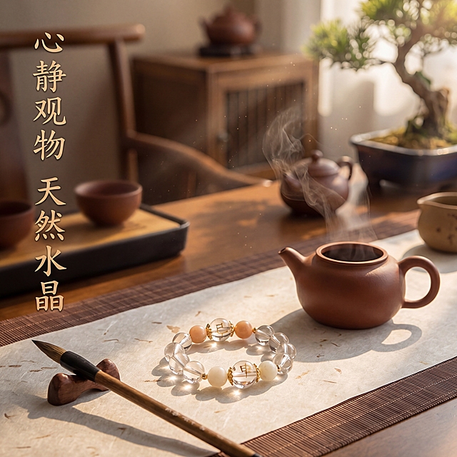 [主图 4] 天然白水晶手串场景氛围感展示；[氛围风格]新中式禅意茶室生活方式，电影感治愈氛围，东方美学；[画质]8K超高清商业摄影质感，产品清晰真实，画面高级自然，去除廉价感和工业假感，保证产品不变形；[元素]天然白水晶手串自然放置铺设好的宣纸茶席上，旁边摆放打开的紫砂茶壶与毛笔，营造日常品茗佩戴的生活场景，保持手串外观材质颜色与输入产品图绝对一致，杜绝变形色差。商品主体清晰突出，背景自然虚化，构图疏密有致，留白充足，画面满铺无边框；[光影]暖金色夕阳从侧面射入，丁达尔光束穿过茶室，整体光影柔和通透，治愈温暖；[配色]低饱和暖木色调，保持统一新中式禅意风格；[视角构图]略微俯视生活化构图，大光圈浅景深；[文字版式]左侧竖排小字：心静观物 天然水晶，文字雅致不抢主体；[比例分辨率]1:1 比例，2K分辨率，文字清晰锐利，超高清画质；[负向提示词]廉价感，模糊感，工业假感，产品变形，水印，文字错乱，背景杂乱，遮挡主体
