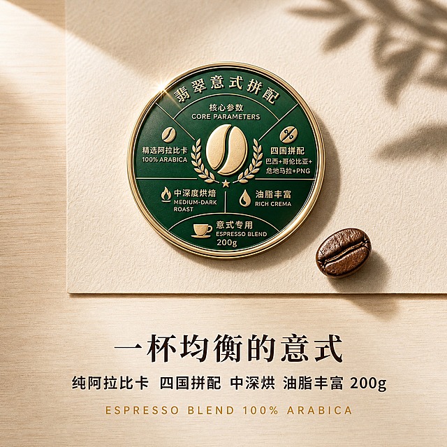 [主图-5] 参数信息收尾图，以徽章形式总结产品核心参数与卖点，建立品质信任感。
[统一基调] 高端商业摄影风格，浅米色原木底+右侧叶影，左上45°自然窗光，低AI感真实质感，暖调自然光，整体干净高级有食欲感。标题用思源宋体深咖色大号，辅助文案用思源黑体深咖色，强调文案用暖金色小号。
[画面] 浅米色原木桌面上，平放一张米色纹理卡纸，卡纸中央有一枚深墨绿色圆形徽章，徽章内有咖啡豆图标（S形中线的阿拉比卡咖啡豆造型），徽章边缘有精致金属质感描边，自然窗光轻扫过徽章表面，形成一处金属反光点。卡纸右下角边缘压着一颗真实的阿拉比卡咖啡豆，椭圆豆形、S形中线、中深烘棕褐色带油光。画面下方有充足留白。背景右上角有柔和叶影，左上45°自然窗光照射。
[光影质感] 左上45°自然窗光，光线柔和温暖，卡纸纹理细腻真实，徽章有金属光泽与反光点，咖啡豆表面油亮有光泽，阴影柔和自然，商业摄影级真实质感，高级有品质感。
[配色] 背景浅米色原木色，米色卡纸，深墨绿色徽章，金色描边，咖啡豆棕褐色，文字深咖色+暖金色，整体色调高级稳重。
[文字版式] 画面下方留白区域居中排列三行文字：第一行"一杯均衡的意式"，思源宋体深咖色中大号字；第二行"纯阿拉比卡 四国拼配 中深烘 油脂丰富 200g"，思源黑体深咖色中号字；第三行"ESPRESSO BLEND 100% ARABICA"，暖金色小号字，宽字距。文字清晰无错字，排版居中对称，留白充足。
[输出要求] 800×800像素1:1正方形，淘宝天猫电商主图，徽章质感精致，文字清晰。负向：文字错字模糊、画面杂乱、水印、平台Logo、徽章变形、低质AI感、颜色发灰。