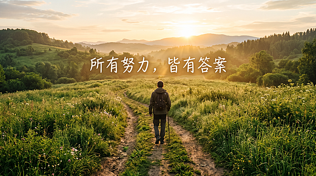 4K旷野草坪小路，四周青草繁茂，单人背影迎着朝阳往前走，阳光氛围感强烈，画面中部文字"所有努力，皆有答案"，绿意治愈，低调有力量