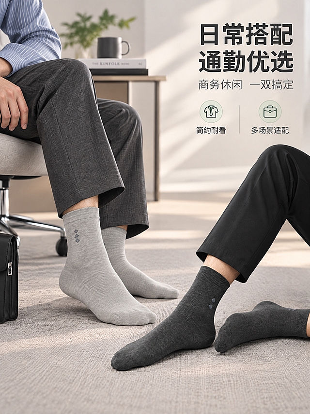 [商品] 使用【图3】【图7】男士竹纤维中筒袜（浅灰色+深灰色）；保留中筒版型、罗纹袜口、菱形提花、针织纹理、颜色、搭配的裤装；自然理顺袜型与裤脚，增强面料质感，不改变版型与搭配关系。
[画面] 页面目标：通勤场景展示，日常搭配通勤优选。构图：中景展示男士下半身坐姿，穿着西裤/休闲裤搭配中筒袜，呈现日常通勤穿搭的自然状态；主体占画面60%，前景为脚部与袜子，中景为小腿与裤装，背景为简约室内办公/居家环境柔焦；阅读动线从上到下。
[视觉] 套系策略：风格=简约高级男士商业摄影；标题字=现代无衬线粗体中文；正文字=简洁无衬线体；主色=浅暖灰；背景延展=基于浅暖灰做深浅层级渐变、细腻哑光质感，局部加入浅米色柔化；强调色=深竹绿，仅用于小面积图标、引线和重点词高亮；标题色=深炭灰；正文色=中暖灰；组件=细线引线、圆角浅底信息卡、极简图标；光影=左前侧柔和自然光，阴影柔和不生硬。
[文字] 右上区域主标题：日常搭配 通勤优选，副标题：商务休闲 一双搞定；下方配2个短卖点：简约耐看 / 多场景适配；文字横向排版，位于画面右上留白区，不遮挡袜子主体与穿搭效果。
[规格] 图片比例3:4竖版，2K分辨率，medium质量；避免变形、错字、文字过小、冷蓝背景、袜子颜色改变、纹路模糊。