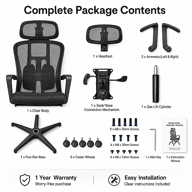 [Main image 7] Package and specification display of black mesh office chair. Knolling layout, placing the chair main body and all accessories neatly on a clean white background. Each accessory is labeled with English text. Top main title "Complete Package Contents", and the simple after-sales service information at the bottom: "1 Year Warranty", "Easy Installation". Keep product appearance consistent with original image, all text English, 1:1 square 4K resolution.