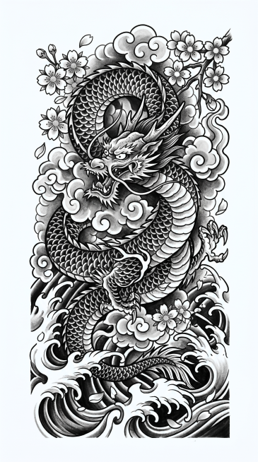参考参考图的老传统黑白纹身手稿风格，重新生成一幅竖向的老传统黑白纹身手稿，包含中国龙、樱花、水浪、祥云元素，整体保持浓郁老传统纹身的线条和明暗晕染风格，纯黑白灰渐变，线条硬朗清晰，保持竖向长条构图，纯预览效果