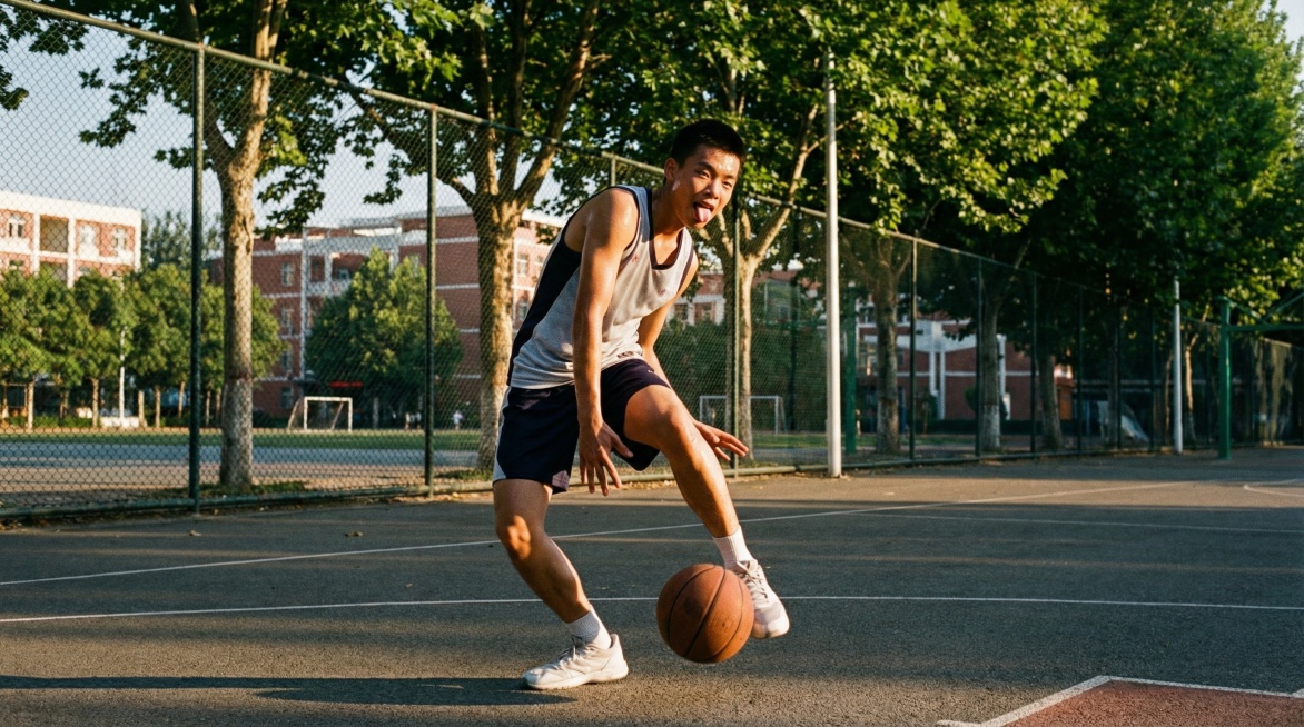 将线稿完善为摄影写实风格，人物为中国高中生，男生吐舌头，人物保持原有的动作姿态和角度不变，晴朗的初夏下午5点，阳光从照亮了男生右半边身体，形成一半受光一半阴影的侧光效果，整体画面具有写真摄影的质感预览效果