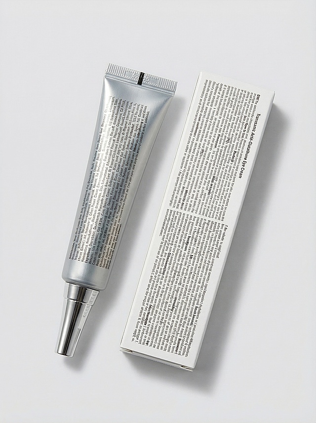 [详情页 3] 国际站眼霜包装细节展示详情页
[氛围风格] 真实细节展示，专业可信，符合跨境电商详情页规范。
[画面元素] 商业摄影质感，光线柔和通透，产品清晰真实，画面干净高级。展示眼霜管身背面和包装盒背面的完整产品信息，包括成分表和说明文字，所有文字清晰可读，背景纯净浅灰色，突出包装文字信息。包装细节和文字内容保留原图特征，仅优化背景和光影。
[配色色系] 浅灰背景，深色文字，保持印刷清晰度，整体真实可信。
[视角构图] 平视，产品斜放构图，同时展示管身和包装盒背面信息，层次清晰。
[文字版式] 保留产品包装自带的所有英文说明文字，确保文字清晰可辨认，排版自然，不添加额外文字信息。
[比例分辨率] 3:4 比例，2k 分辨率，文字清晰可辨，超高清。
[负向提示词] 变形，水印，文字错乱，模糊包装文字，添加额外文字，中文，背景杂乱。