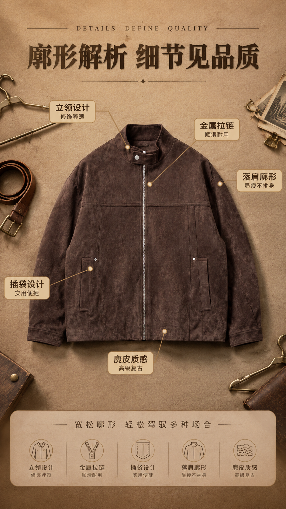 [商品] 使用【图1】深咖色复古麂皮绒立领夹克；商品处理：保留… - 图片创意预览
