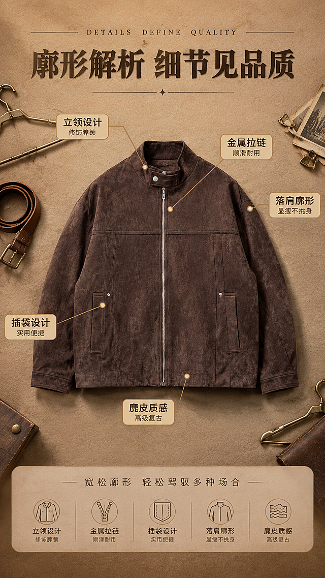 [商品] 使用【图1】深咖色复古麂皮绒立领夹克；商品处理：保留立领、金属拉链、按扣、插袋、落肩袖、宽松廓形、缝线结构和深咖麂皮绒颜色与材质；自然去除衣身杂乱褶皱，理顺垂坠，增强麂皮绒绒感纹理、金属拉链与五金按扣高光质感，不改变版型和结构。
[画面] 目标：版型解析页，展示结构卖点与穿搭利益。构图：居中正面全身夹克平铺展示，从立领、拉链、插袋、肩线、下摆5处引出细线标签标注；上方大标题，下方补充版型说明。主体占画面65%，背景为浅棕色带纸张纹理的平面，夹克下方有自然投影，周围散落复古金属衣架、皮质腰带等小道具增加层次。
[视觉] 套系策略：风格=复古美式轻工装高级商业摄影；标题字=现代衬线粗体带复古质感；正文字=简洁无衬线体；主色=深咖棕；背景延展=基于深咖棕做深浅层级、同色渐变和细腻麂皮/纸张/木纹质感；强调色=古铜金，仅用于小面积图标、引线和标签；标题色=深炭棕；正文色=中暖棕；组件=圆角浅棕信息卡、细线引线、复古标签；光影=左前侧暖柔光，柔和阴影。
[文字] 上方主标题「廓形解析 细节见品质」（8字）；5处引线标注：立领设计/修饰脖颈、金属拉链/顺滑耐用、插袋设计/实用便捷、落肩廓形/显瘦不挑身、麂皮质感/高级复古；文字横向排版，标签不遮挡夹克主要结构。
[规格] 图片比例9:16竖版，4K分辨率，负向提示：避免变形、错字、文字过小、冷蓝/蓝灰背景、衣服颜色改变、版型失真、纯白底、平台Logo水印。