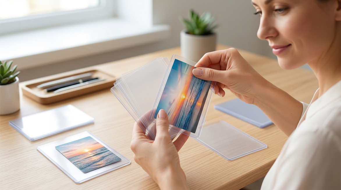 保持透明卡片保护套主体特征不变，展示欧美女性日常使用透明卡片保护套收纳小卡片的干净场景，高清透明，超清画质预览效果