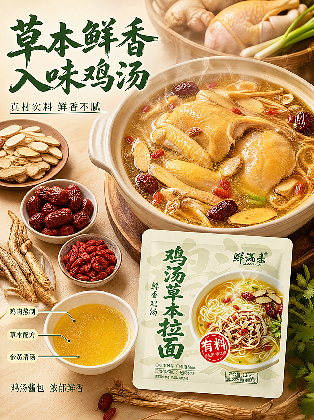 [第4张] 详情页-鸡汤草本拉面汤底溯源草本鲜香。本张使用【图2】鸡汤拉面包装作为商品主体。
[氛围/风格] 中式养生风格 草本原料 鲜香治愈 高清实拍。
[元素布局] 画面上半部分是一大锅正在熬制的金黄色草本鸡汤 锅里可见鸡肉 红枣 枸杞 黄芪等草本原料 汤面冒着滚滚热气。锅周围摆放新鲜鸡肉 红枣 枸杞 黄芪片 党参 葱姜等原料 原料元素占画面约60%。下半部分右侧放置鲜满来鸡汤草本拉面包装袋 外观与输入图完全一致 占比约20%。左侧放一小碗金黄汤底 展示清透质感。背景是浅木色中式厨房台面。保持产品包装外观与输入图一致。
[光影质感] 暖黄色顶光+侧光 突出汤汁的金黄清透质感 鸡肉表面有油亮高光 热气升腾 整体温暖清新。
[配色色系] 全局底色浅米黄 #F5ECD7 主色墨绿 辅助色金黄 强调色红（枸杞红枣）。
[视角构图] 略微俯视 汤锅为视觉焦点 原料环绕 产品在下方呼应 阅读动线上汤→下产品。
[文字版式] 左上角主标题粗书法体写"草本鲜香 入味鸡汤" 墨绿色大字。副标题写"真材实料 鲜香不腻" 细体。汤底旁用引线标注"鸡肉熬制""草本配方""金黄清汤" 三行小标签。底部小字说明"鸡汤酱包 浓郁鲜香"。
[比例分辨率] 3:4竖版比例 4K分辨率 文字清晰可辨。
[负向提示词] 变形 文字错乱 产品图模糊 背景杂乱 水印 电商平台Logo。